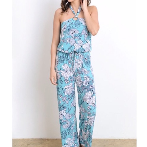 Gilli Pants - Stretchy Aqua Blue Floral Wide Leg Halter Jumpsuit